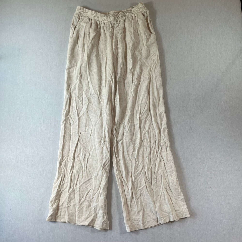 Shein Linen Blend Wide Leg Pants Women L 8/10 Cream Beige Elastic Waist Pockets